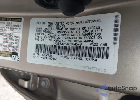 2004 Toyota Corolla Le from USA, damaged, VIN 1NXBR32E34Z314549